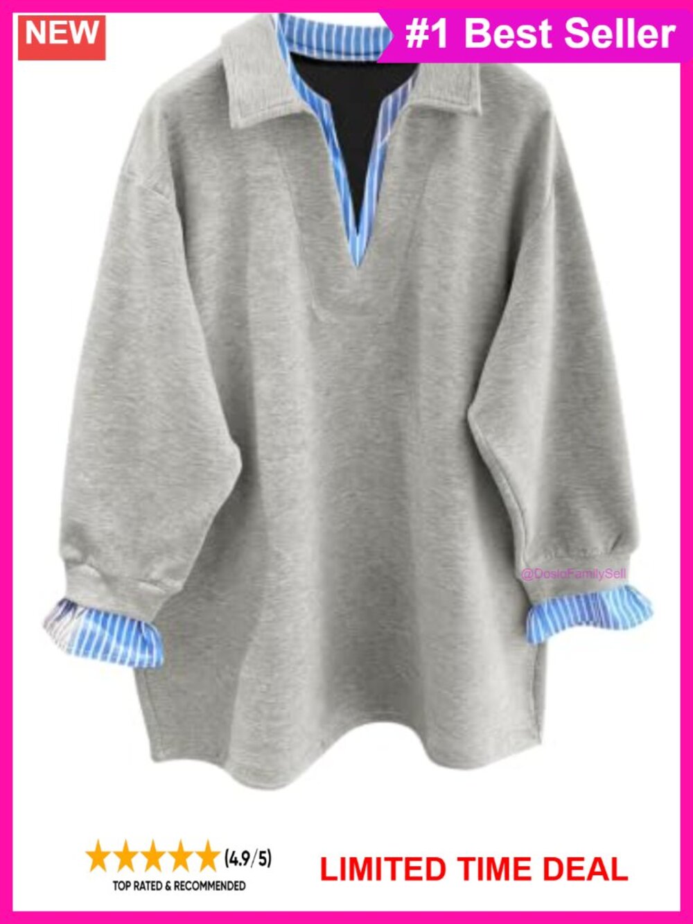 Oversized V-Neck Striped Patchwork Pullover Sweatshirt Cotton Blend